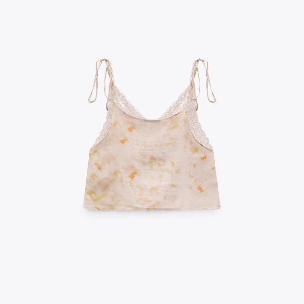 Zara NWT Women’s Pink Embroidered Tie Dye Sleeveless Boho Cami Crop Top Size L - Picture 6 of 12